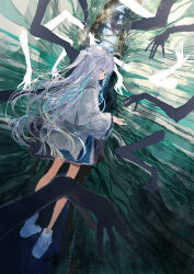 1girl abstract_background absurdres ahoge aqua_eyes aqua_streaks blunt_bangs boots commentary_request disembodied_hand dutch_angle from_behind grey_hair grey_jacket highres horror_(theme) ichika_(ichika87) jacket long_hair multicolored_hair multiple_others original perspective shadow_hands solo_focus streaked_hair surrounded_by_hands thigh_strap white_boots wide_sleeves 