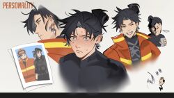  1boy black_hair blush brown_eyes commentary concept_art earrings embarrassed english_commentary expression_chart firefighter grin hair_bun highres holding jacket jewelry male_focus multiple_earrings multiple_expressions multiple_views nervous_sweating official_alternate_costume official_alternate_hairstyle one_eye_closed orange_jacket original overwatch profile reference_sheet short_hair shy smile solo surprised sweat topknot wuyang_(overwatch) yiqi_bai 