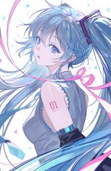  1girl absurdres aqua_eyes aqua_hair aqua_necktie aqua_trim bare_shoulders black_sleeves blush breasts collared_shirt commentary_request detached_sleeves grey_shirt hair_between_eyes hair_ornament hatsune_miku headset highres long_hair looking_at_viewer mandaring0 medium_breasts miku_day necktie number_tattoo open_mouth project_sekai shirt simple_background sleeveless sleeveless_shirt solo tattoo twintails upper_body very_long_hair vocaloid white_background 