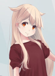  1girl alternate_costume blonde_hair casual commentary_request grey_background hair_flaps highres kantai_collection light_blush long_hair looking_at_viewer neko_no_hige orange_eyes red_shirt shirt short_sleeves sidelocks simple_background smile solo upper_body yuudachi_(kancolle) yuudachi_kai_ni_(kancolle) 
