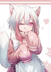  1other :q ;q absurdres androgynous animal_ear_fluff animal_ears apron bottle cat_ears cat_tail commentary_request cowboy_shot double-parted_bangs frilled_apron frills heart highres holding holding_bottle jacket jersey_maid komiya_shuu long_sleeves maid one_eye_closed original other_focus pink_eyes pink_hair pink_jacket pink_skirt short_eyebrows short_hair_with_long_locks skirt sleeves_past_fingers sleeves_past_wrists smile strawberry_milk tail tongue tongue_out unconventional_maid white_apron white_hair 