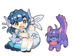  2girls ahoge animal_hands animalization aqua_eyes blue_dress blue_hair blue_tail blush braid cat_tail commentary_request crown_braid deformed dress fins fish_girl fish_tail flower flying_sweatdrops grey_scales grey_tail hair_between_eyes hair_flower hair_ornament head_fins hugging_own_tail hugging_tail idolmaster idolmaster_million_live! idolmaster_million_live!_theater_days long_hair medium_hair mochizuki_anna monsterification multiple_girls nanao_yuriko ofneko_005 open_mouth pink_tail purple_hair purple_tail saliva sidelocks simple_background sitting tail tail_raised tearing_up two-tone_tail whiskers white_background yellow_eyes 