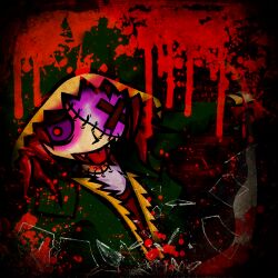  album_cover asymmetrical_eyes blood blood_splatter broken_glass cover djkurara_various fangs glass green_jacket holding holding_sword holding_weapon hood hooded_jacket j-core jacket looking_at_another open_mouth red_background red_hair red_shirt shirt short_hair sword tongue tongue_out violet_eyes weapon zombie 