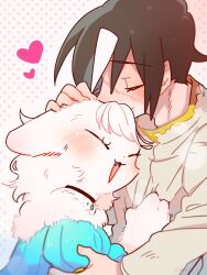  1boy 1girl animal_hands black_hair blue_dress body_fur cat_girl claws closed_eyes cocri commentary_request dress ears_down fang furry furry_female furry_with_non-furry headpat heart hetero highres hug interspecies koharu_(cocri) multicolored_hair neck_fur original pink_background polka_dot polka_dot_background princess_koyuki_(cocri) scar scar_on_face short_hair streaked_hair upper_body white_fur white_hair 
