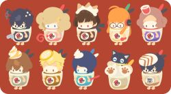  4girls 6+boys :3 ahoge akechi_goro amamiya_ren black_hair blonde_hair blue_hair brown_hair character-themed_food closed_eyes commentary_request cream empty_eyes food fruit headphones icing kitagawa_yusuke lemon lemon_slice morgana_(persona_5) multiple_boys multiple_girls niijima_makoto no_mouth okumura_haru orange_hair pudding rizu_(rizunm) sakamoto_ryuji sakura_futaba simple_background takamaki_ann 