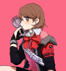  1girl 218pnnie archery_shooting_glove armband arrow_(projectile) black_gloves black_jacket black_skirt blush bow bowtie brown_eyes brown_hair cardigan choker earrings flipped_hair from_side gekkoukan_high_school_uniform gloves jacket jewelry looking_at_viewer loose_bowtie open_clothes open_jacket parted_lips partially_fingerless_gloves persona persona_3 persona_3_reload pink_background pink_cardigan profile quiver red_armband red_bow red_bowtie ribbed_cardigan s.e.e.s school_uniform short_hair skirt solo stud_earrings takeba_yukari upper_body white_choker wing_collar 