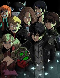 4boys 4girls absurdres amamiya_ren angry black_background black_coat black_hair blonde_hair bodysuit brown_hair chaosoded coat fox_(persona_5) glaring gloves grin highres holding holding_whip invincible_(series) joker_(persona_5) kitagawa_yusuke looking_at_viewer meme morgana_(persona_5) multiple_boys multiple_girls niijima_makoto no_mask noir_(persona_5) okumura_haru oracle_(persona_5) orange_hair panther_(persona_5) persona persona_5 persona_5_the_royal queen_(persona_5) red_bodysuit red_gloves sakamoto_ryuji sakura_futaba skull skull_(persona_5) smile takamaki_ann upper_body viltrumite_group_shot_(meme) whip 