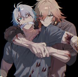  2boys absurdres alternate_costume antenna_hair arm_tattoo bandaged_arm bandages black_shirt blonde_hair blood blood_on_clothes blood_on_face blood_splatter blue_eyes braid cloth_gag collared_shirt commentary earrings english_commentary facial_tattoo gag gold_earrings gradient_hair grey_shirt hazozoyaku highres honkai:_star_rail honkai_(series) improvised_gag jewelry male_focus medium_hair multicolored_hair multiple_boys mydei_(honkai:_star_rail) neck_tattoo parted_bangs phainon_(honkai:_star_rail) red_hair red_tattoo shirt short_hair short_sleeves side_braid sun_symbol sun_tattoo sweat tattoo white_hair yellow_eyes 