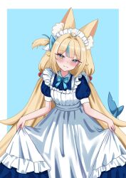  1girl absurdres alternate_costume animal_ears apron apron_lift black_dress blonde_hair blue_dress blue_streaks blush cat_ears clothes_lift commentary dress english_commentary fins fish_girl fish_tail highres indie_virtual_youtuber lifting_own_clothes long_hair low_twintails multicolored_hair one_side_up sameko_saba sharkudon solo streaked_hair tail twintails very_long_hair virtual_youtuber white_apron 