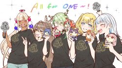  5girls :d ;) absurdres ahoge antlers black_shirt black_streaks blonde_hair blue_eyes blue_streaks braid braided_bangs breasts brown_eyes brown_hair ceres_fauna closed_eyes closed_mouth commentary crossed_bangs dark-skinned_female dark_skin double-parted_bangs english_commentary english_text feather_hair_ornament feathers flower gawr_gura glowstick gradient_hair green_hair grey_hair grin hair_between_eyes hair_flower hair_ornament hair_over_one_eye highres holding holding_glowstick holding_stuffed_toy hololive hololive_english horns iris_(tb33064667) irys_(hololive) large_breasts long_hair medium_hair mole mole_under_eye mori_calliope multicolored_hair multiple_girls nanashi_mumei ninomae_ina'nis one_eye_closed one_side_up open_mouth ouro_kronii planet_hair_ornament sharp_teeth shirt sidelocks simple_background smile smol_calli smol_ina smol_irys smol_kiara smol_kronii streaked_hair stuffed_toy t-shirt takanashi_kiara teeth tsukumo_sana twintails very_long_hair virtual_youtuber watson_amelia white_background white_streaks yellow_eyes 