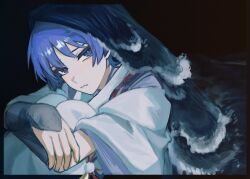  1boy armor black_background black_border black_veil blunt_ends border bright_pupils choppy_bangs closed_mouth clothing_cutout commentary_request eyeliner feathers genshin_impact hand_on_own_arm highres hugging_own_legs japanese_armor japanese_clothes kariginu kote kurokote layered_sleeves looking_at_viewer makeup male_focus nonoji_(nonoji_ekaki) pants pom_pom_(clothes) purple_hair purple_sleeves red_eyeliner scaramouche_(genshin_impact) scaramouche_(kabukimono)_(genshin_impact) shoulder_cutout sitting solo string tsurime twitter_username veil violet_eyes waves white_pants white_pupils white_sleeves yellow_feathers 
