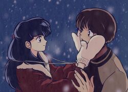  1boy 1girl blue_background blue_eyes blue_hair brown_eyes brown_hair closed_mouth coat commentary_request godai_yuusaku highres long_hair luuxiriver maison_ikkoku mittens otonashi_kyouko red_coat short_hair smile white_mittens 