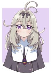 1girl akino_sora antenna_hair black_dress border commentary_request dress eyelashes grey_hair highres medium_hair meitantei_precure! moria_luluka precure purple_background simple_background solo upper_body violet_eyes white_border 