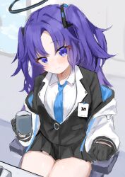  absurdres black_gloves black_jacket blue_archive blue_necktie chair closed_mouth coffee coffee_mug collared_shirt commentary_request cup gloves hair_ornament halo highres holding holding_cup jacket long_hair long_sleeves looking_at_viewer mechanical_halo millennium_science_school_logo mug necktie on_chair purple_hair shirt tekumikan violet_eyes yuuka_(blue_archive) 