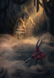  1girl 1other arnaerr arthropod_girl cloak confrontation dust english_commentary highres hollow_knight hollow_knight:_silksong hornet_(hollow_knight) instrument light_rays needle_(hollow_knight) organ_(instrument) phantom_(hollow_knight) red_cloak silk spider_web standing 