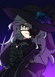  1girl alternate_costume ascot back_bow black_bow black_dress black_gloves black_hat blue_flower blue_rose bow closed_mouth commentary_request diamond_brooch dress eyepatch flower frilled_eyepatch frilled_sleeves frills gloves goth_fashion gradient_flower green_ascot green_eyes green_hair hat hat_flower highres holding illust_atelier3 komeiji_koishi komeiji_koishi_(heartless_swamp_lady) long_hair looking_at_viewer lorgnette multicolored_flower multicolored_rose one-hour_drawing_challenge purple_background rose smile solo touhou touhou_lostword very_long_hair wide_sleeves 