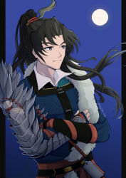  1boy black_border black_hair blue_background blue_eyes blue_robe border cheng_heguang commentary crossed_arms english_commentary floating_hair full_moon hayde_ink highres long_hair looking_to_the_side male_focus mole mole_on_nose moon outside_border ponytail reverse:1999 robe single_arm_armor solo twitter_username upper_body 