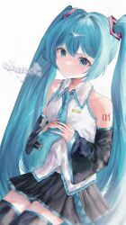  1girl absurdres aqua_eyes aqua_hair artist_name commentary_request detached_sleeves hatsune_miku highres looking_at_viewer necktie shirt shoulder_tattoo skellychan skirt tattoo thigh-highs vocaloid white_background 