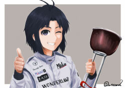  1girl antenna_hair black_eyes black_hair border commentary_request grey_background grin holding holding_trophy idolmaster idolmaster_(classic) jumpsuit kayatsu_urotoma kikuchi_makoto looking_at_viewer one_eye_closed outside_border racing_suit short_hair simple_background smile solo thumbs_up trophy twitter_username upper_body white_border white_jumpsuit 