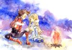  1girl blonde_hair blush brown_hair campfire colette_brunel cup lloyd_irving long_hair tales_of_(series) tales_of_symphonia 