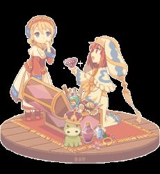  .hack// .hack//tasogare_no_udewa_densetsu 2girls :d animated animated_gif blonde_hair blue_eyes boots bottle brown_eyes brown_hair capelet commentary creature crown dav-19 english_commentary faux_figurine gem grunty_(.hack//) hat holding holding_gem hotaru_(.hack//) long_skirt looking_at_another lowres mireille_(.hack//) multiple_girls pixel_art potion red_shirt rug shirt short_hair skirt smile sparkle transparent_background treasure_chest white_capelet white_skirt wooden_floor 