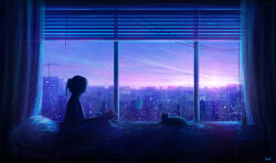  absurdres blue_sky cat colorful cup deviantart drawing_(action) from_behind highres on_bed ricodz sky sunset window 