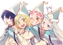 4girls agott_arklaum_(tongari_boushi_no_atelier) black_hair blonde_hair blue_eyes blue_hair brushbuddy cloak coco_(tongari_boushi_no_atelier) creature highres long_hair multiple_girls one_eye_closed pink_eyes pink_hair ppyuuingles qifrey's_atelier_apprentice_uniform richeh_(tongari_boushi_no_atelier) short_hair tetia_(tongari_boushi_no_atelier) tongari_boushi_no_atelier violet_eyes wizard yellow_eyes 
