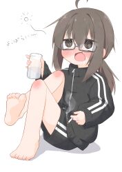  1girl @_@ absurdres ahoge barefoot blush brown_eyes brown_hair cigarette cup drooling full_body glasses grey-framed_eyewear grey_jacket grey_shorts highres holding holding_cigarette holding_cup ibm5100cern jacket long_hair original shadow shorts sidelocks sitting smoke smoke_trail solo track_jacket translation_request white_background 