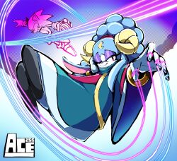  1boy 1girl ace2564 animal_ears animal_nose ariem_(sonic) bangle bell blue_dress blue_eyeshadow blue_hair blue_nails blue_robe body_fur bracelet copyright_name crescent crescent_moon curled_horns dress eyelashes eyeliner eyeshadow flying forehead_jewel furry furry_female furry_male gloves gold_bracelet gold_trim half-closed_eye half-closed_eyes hand_on_own_cheek hand_on_own_face happy hedgehog highres horns jewelry jumping lipstick long_hair long_sleeves looking_at_viewer makeup mascara moon nail_polish one_eye_closed outstretched_arm pink_eyes pink_eyeshadow pink_fur pink_horns puppet_strings purple_eyeshadow purple_fur robe sheep_ears sheep_girl sheep_horns sidelocks sideways_mouth smile sonic_(series) sonic_dream_team sonic_the_hedgehog spiky_hair string tail teeth thread violet_eyes white_fur white_gloves wide_sleeves yarn yellow_horns 