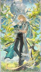  1boy absurdres aqua_shirt bird black_pants black_shoes blonde_hair book chinese_commentary coat commentary_request gloves highres holding holding_book logo luuk_herssen_(wuthering_waves) male_focus official_art pants projected_inset reading shirt shoes white_bird white_coat white_gloves wuthering_waves 