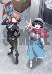  2girls amane_suzuha amane_suzuha_(beta) artist_request belt belt_buckle belt_pouch black_boots black_jacket black_pantyhose blue_jacket blue_skirt blue_track_suit boots bow braid breasts brown_hair buckle cargo_pants cropped_jacket from_above green_pants hair_rings hand_up hat high-waist_skirt high_collar jacket jacket_over_jacket knee_boots large_breasts leather leather_jacket long_sleeves medium_breasts multiple_girls official_art pants pantyhose petticoat pink_bow pouch reaching reaching_towards_viewer red_scarf sample_watermark sash scarf science_adventure shiina_mayuri shirt skirt smile steins;gate steins;gate_0 track_jacket track_suit twin_braids twintails waist_bow waist_sash watermark white_boots white_shirt winter_clothes yellow_eyes 