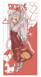  1girl 2026 :d absurdres bandaged_arm bandages blonde_hair blush border chinese_zodiac commentary fang full_body hair_intakes hakama hakama_skirt highres horse japanese_clothes kimono long_hair long_sleeves miko mosuroshyu natori_sana new_year open_mouth outside_border ponytail red_background red_hakama ribbon-trimmed_sleeves ribbon_trim sana_channel sandals skin_fang skirt smile socks solo standing v-shaped_eyebrows virtual_youtuber white_border white_kimono white_socks wide_sleeves year_of_the_horse zouri 