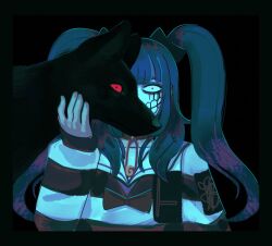  1girl amemiya_darumi black_background black_border black_bow black_hair black_roots blue_hair border bow commentary cropped_torso dog english_commentary hair_bow hand_on_animal highres long_hair makeup multicolored_hair novemblem one_eye_covered red_eyes red_pupils roots_(hair) runny_makeup safety_pin shirt striped_clothes striped_shirt the_hundred_line_-last_defense_academy- twintails wide-eyed 