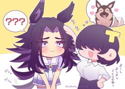  2girls ? animal_ears black_hair black_skirt blush bow bowtie breasts closed_mouth commentary dog female_trainer_(umamusume) fenomeno_(umamusume) flipped_hair hair_ornament headpat highres horse_ears horse_girl horse_tail large_breasts letter_hair_ornament long_hair motion_lines multicolored_hair multiple_girls open_mouth pleated_skirt puffy_short_sleeves puffy_sleeves purple_bow purple_bowtie purple_hair purple_shirt sailor_collar sailor_shirt school_uniform shirt short_sleeves skirt smile speech_bubble spoken_question_mark tail thigh-highs thought_bubble tracen_school_uniform trainer_(umamusume) umamusume untranslatable_commentary violet_eyes w3n6e white_sailor_collar white_shirt white_skirt white_thighhighs 