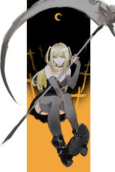  1girl absurdres amane_misa black_boots black_choker black_dress black_thighhighs blonde_hair boots choker commentary crescent cross death_note detached_sleeves dress english_commentary garter_straps grey_sleeves highres holding holding_scythe invisible_chair long_sleeves scythe sitting smile solo strapless strapless_dress tabi_(user_ptmn4345) thigh-highs two_side_up yellow_eyes 