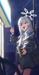  1girl absurdres bare_legs blue_archive blue_necktie commentary_request drink grey_eyes grey_hair gun halo herakuchi highres holding holding_drink jacket konoka_(blue_archive) long_hair looking_at_viewer looking_back mask mask_pull mouth_mask multicolored_hair necktie night off_shoulder open_mouth polo_shirt shotgun sidelocks smile solo standing two-tone_hair urban weapon white_hair white_halo white_mask 