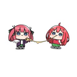  2girls :3 akino_ell black_ribbon black_shoes blue_eyes blush cheese cheese_trail chibi closed_mouth collared_shirt commentary_request food go-toubun_no_hanayome green_skirt hair_ornament hair_ribbon holding holding_food jacket long_hair multiple_girls nakano_itsuki nakano_nino open_clothes open_jacket pizza pizza_slice plate pleated_skirt purple_hair purple_jacket red_hair ribbon shadow shirt shoes short_sleeves simple_background skirt socks star_(symbol) star_hair_ornament sweater_vest two_side_up very_long_hair white_background white_shirt white_socks 