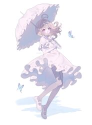  1girl antenna_hair ascot blonde_hair bow bug butterfly check_copyright commentary copyright_request dress floating_hair frilled_dress frilled_sleeves frills full_body grey_thighhighs hair_bow hair_intakes highres holding holding_umbrella kokonoe826 long_hair mary_janes open_mouth original parasol pink_eyes shoes short_sleeves simple_background smile solo tareme thigh-highs umbrella white_ascot white_background white_bow white_dress white_shoes 
