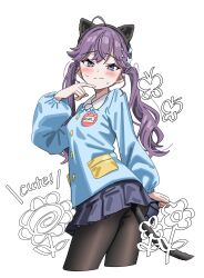  1girl absurdres ahoge animal_ear_hairband animal_ears ass_peek black_pantyhose blue_eyes blue_shirt blue_skirt blush braid breasts brown_pantyhose bug butterfly butterfly_hair_ornament buttons cat_ear_hairband cat_ears cat_tail closed_mouth commentary_request cropped_legs dot_nose english_text fake_animal_ears fake_tail finger_to_own_chin flower from_side gakuen_idolmaster hair_ornament hairband hand_up highres holding_own_skirt idolmaster kaya_rinha kindergarten_uniform long_hair long_sleeves looking_at_viewer looking_back medium_breasts miniskirt mole mole_on_neck pantyhose pleated_skirt purple_hair raised_inner_eyebrows rudee62421 shirt side_braid simple_background skirt smile smock solo sweat tail tsurime turning_head twintails violet_eyes white_background 