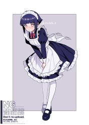  1girl apron artist_name black_dress black_shoes blue_hair border commentary dress empty_eyes frilled_apron frilled_dress frilled_hairband frills full_body hairband highres hotata_3 hyuuga_hinata leaning_forward maid maid_headdress mary_janes naruto_(series) neck_ribbon outside_border own_hands_together pantyhose pink_ribbon ribbon shoes short_hair simple_background solo standing violet_eyes white_apron white_border white_hairband white_pantyhose 