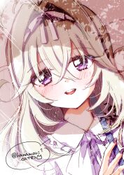  1girl antenna_hair blonde_hair blush commentary_request dress hair_intakes hair_ribbon hanamoricat82 highres holding holding_umbrella long_hair looking_at_viewer meitantei_precure! moria_luluka open_mouth precure purple_nails ribbon smile solo sunlight umbrella violet_eyes white_dress white_ribbon 