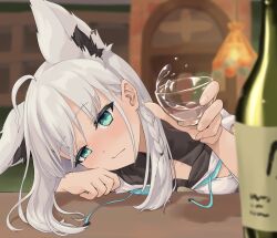  1girl ahoge alcohol animal_ears aqua_eyes bottle braid cheek_rest choko_(cup) commentary_request cup drunk earrings extra_ears fox_ears fox_girl hair_behind_ear highres holding holding_cup hololive indoors jewelry leaning_forward light_blush shirakami_fubuki shirakami_fubuki_(1st_costume) side_braid single_braid single_earring solo splashing takino_(taji_tlstd) virtual_youtuber white_hair 