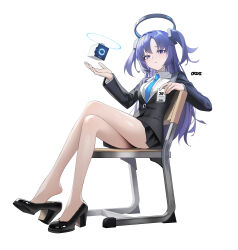  1girl absurdres blue_archive blue_necktie breasts chair halo highres jacket long_hair looking_at_viewer necktie on_chair orini pleated_skirt purple_hair shirt shoes sitting skirt small_breasts solo twintails very_long_hair violet_eyes white_background white_shirt yuuka_(blue_archive) 