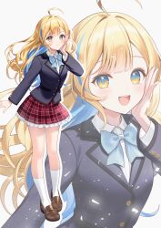  1girl :d ahoge black_jacket blonde_hair blue_bow blue_bowtie blue_eyes blue_hair bow bowtie brown_shoes collared_shirt colored_inner_hair commentary_request full_body gradient_eyes highres jacket knees light_frown loafers long_hair long_sleeves looking_at_viewer miniskirt momoshiki_tsubaki multicolored_eyes multicolored_hair multiple_expressions plaid_clothes plaid_skirt pleated_skirt riot_music school_uniform shirakawa_shirase shirt shoes simple_background skirt smile socks virtual_youtuber white_background white_shirt white_socks yellow_eyes zoom_layer 