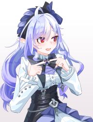  1girl absurdres ahoge ascot black_nails blush bow bowtie breasts commentary_request drill_hair gem hairband hands_up highres long_hair long_sleeves looking_to_the_side mole mole_under_eye multicolored_hair no_plan_a open_mouth pointy_ears purple_ascot purple_bow purple_bowtie purple_gem purple_hair purple_hairband red_eyes shirt shrug_(clothing) simple_background solo streaked_hair sweatdrop vivian_banshee white_background white_shrug zenless_zone_zero 