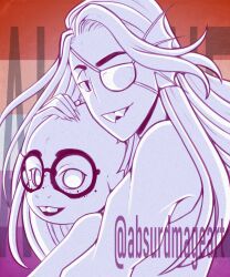  2021 2d 2girls absurdmage absurdres alphys animal_nose anthro artist_name behind_another buck_teeth commentary digital_media dinosaur dinosaur_girl duo ear_fins english_commentary eyepatch female female_only fins fish fish_girl freckles from_side glasses head_fins height_difference high_ponytail highres horizontal-striped_background lesbian_flag lizard lizard_girl long_hair long_sleeves looking_at_viewer monochrome monster monster_girl multicolored_background multiple_girls orange_background pink_background ponytail reptile reptile_girl scalie sharp_teeth slit_pupils striped_background sweater tank_top teeth text text_background twitter_username undertale undyne utdr_(toby_fox) white_background yuri 