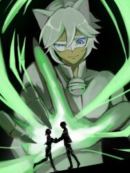  1boy 1girl adrien_agreste animal_ears bell black_background blue_eyes cat_ears chat_blanc coco777_a commentary dual_persona eye_mask giant highres holding_hands marinette_dupain-cheng mask miraculous_ladybug neck_bell short_hair tearing_up white_hair white_mask 