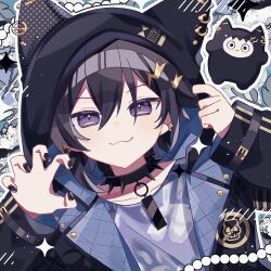  1boy :3 animal_hood black_collar black_hair black_jacket black_nails cat_hood claw_pose collar commentary ear_piercing hair_ornament hairclip highres holostars hood hooded_jacket jacket kanade_izuru kanade_izuru_(1st_costume) lightning_bolt_hair_ornament lightning_bolt_symbol long_sleeves male_focus nail_polish panipa piercing spiked_collar spikes unhinged_izuru_(kanade_izuru) untranslatable_commentary upper_body violet_eyes virtual_youtuber 