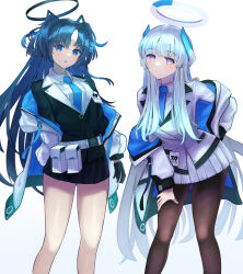  2girls absurdres aqua_necktie black_gloves black_jacket black_pantyhose black_skirt black_suit blue_archive blue_eyes blue_hair blue_necktie breasts collared_shirt commentary_request feet_out_of_frame gloves hair_between_eyes hair_ornament half_gloves halo hand_on_own_knee headgear headphones highres holding holding_pen id_card jacket large_breasts light_blush long_hair long_sleeves looking_at_viewer mechanical_halo millennium_science_school_logo miniskirt multiple_girls name_tag necktie noa_(blue_archive) open_clothes open_jacket open_mouth pantyhose pen pleated_skirt purple_hair school_uniform shirt sidelocks skirt skirt_suit smile suit tongari_kin triangle_hair_ornament two-sided_fabric two-sided_jacket two_side_up very_long_hair violet_eyes white_hair white_halo white_jacket white_shirt white_skirt white_suit yuuka_(blue_archive) 