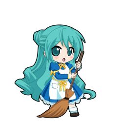  1girl :o apron aqua_eyes aqua_hair black_outline black_shoes blue_dress blush broom chibi chibi_only dress full_body game_asset hair_between_eyes hair_bun hatsune_miku hatsune_miku_graphy_collection holding holding_broom juliet_sleeves long_hair long_sleeves looking_at_viewer neck_ribbon open_mouth outline puffy_sleeves ribbon shoes single_hair_bun socks solo standing transparent_background very_long_hair vocaloid white_apron white_socks yellow_ribbon 